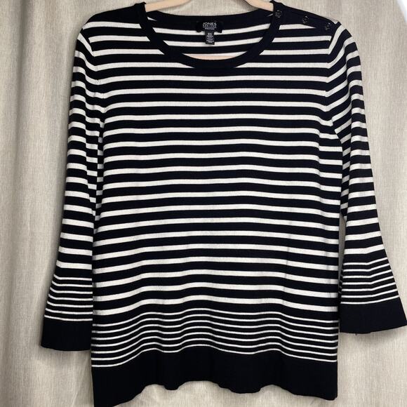Jones New York Signature 3/4 Bell SLV -Size Medium - Black&White Striped Top EUC - Picture 1 of 7